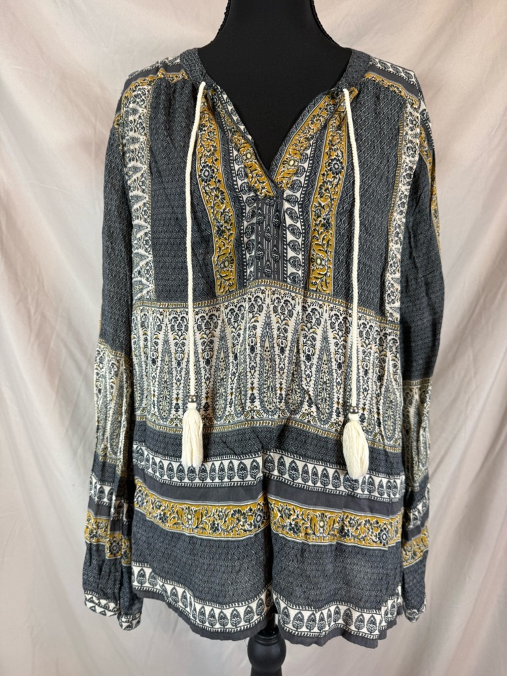 Dylan‎ Boho Paisley Peasant Blouse - Grey/Yellow - Medium